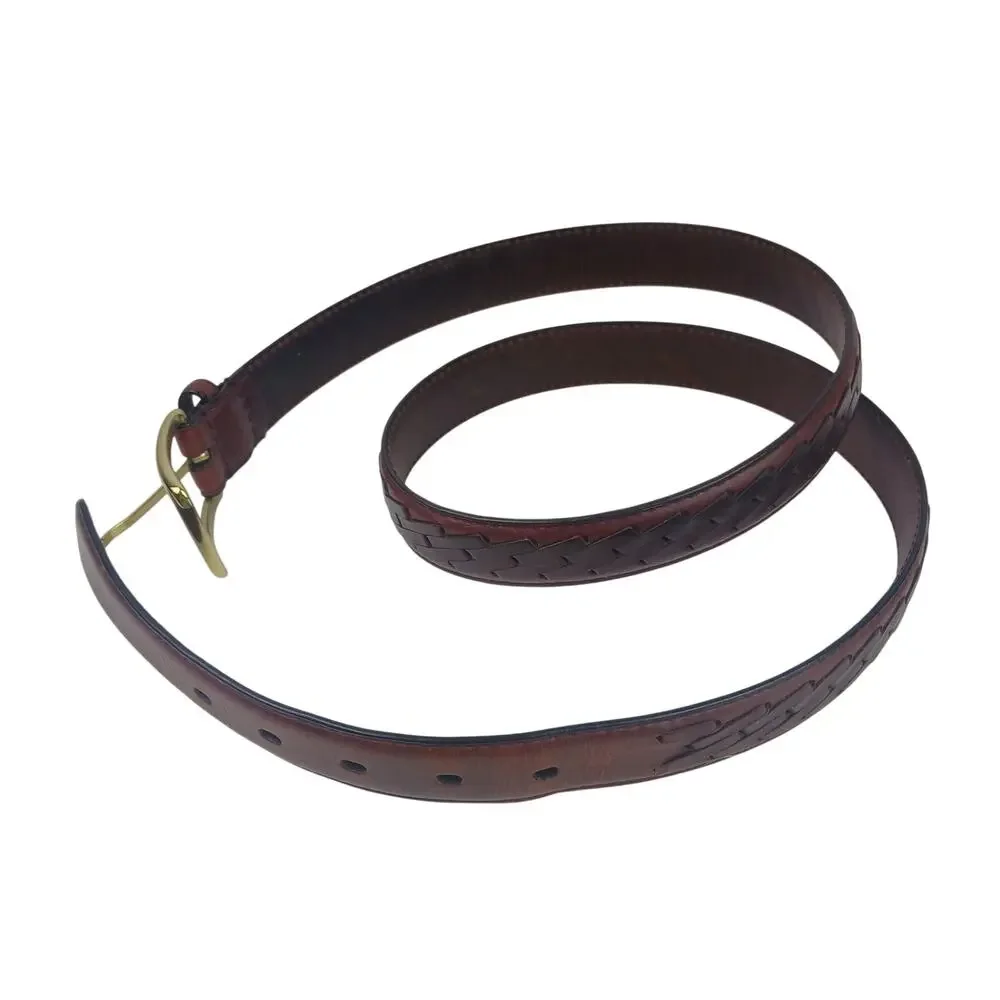 Men's SZ 44 Mahogany Basket Weave Belt With Brass Buckle NEW